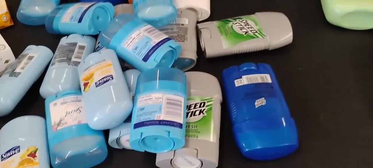 Deodorant and toiletries laid out for the Gary, Indiana senior facility supply run